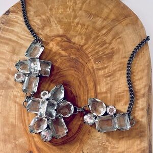 Crystal Silver Tone Bib Statement Necklace Translucent Stones chain extender